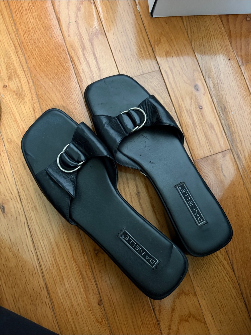 Danielle Black Leather Slide Sandals with Silver Buckle